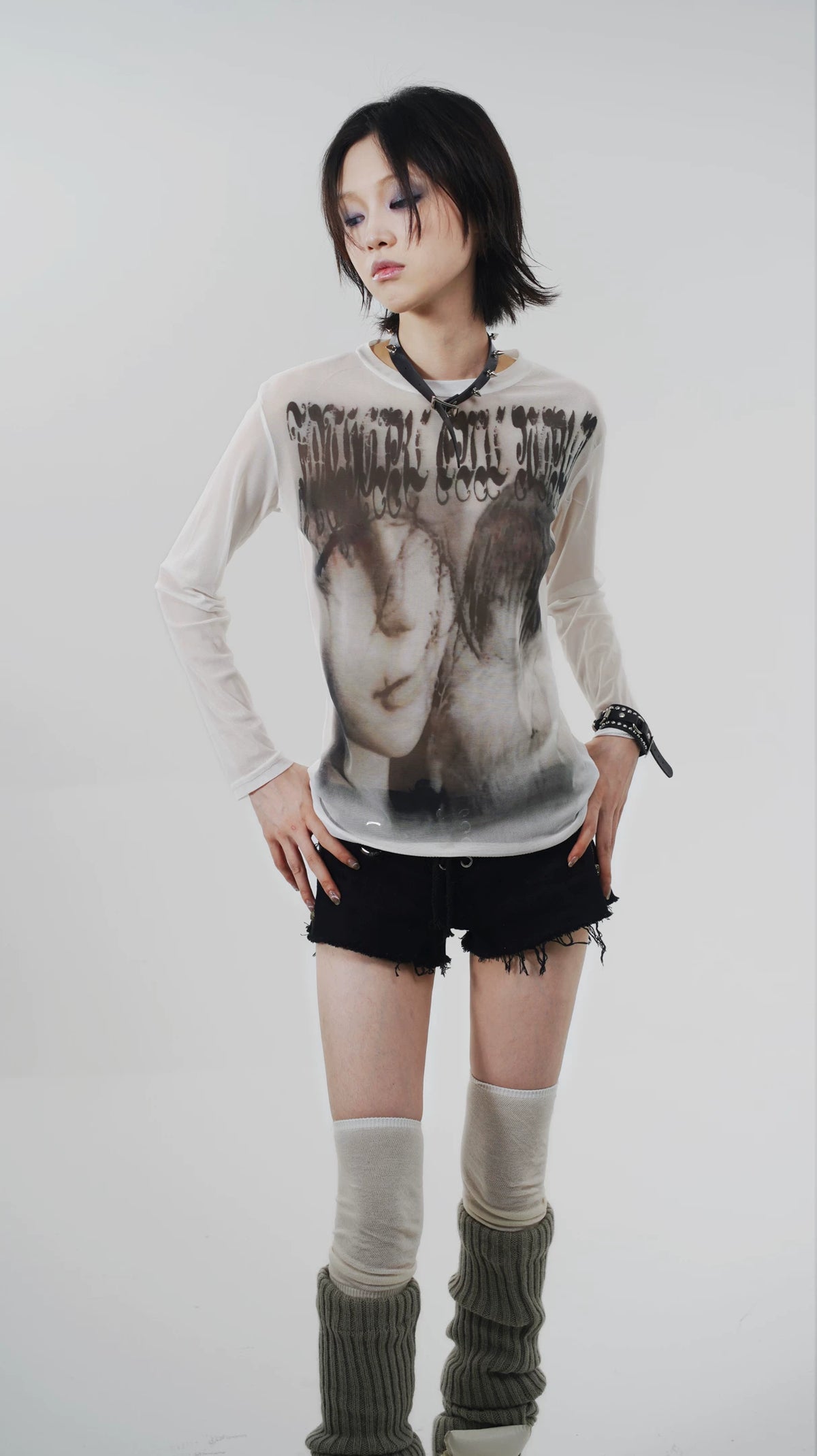 Goth Emo Artist Collaboration Mesh Long Sleeve T-Shirt