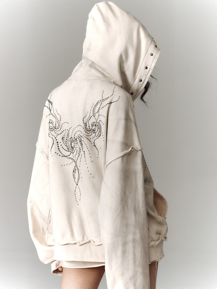 Washed Damage Oversize Zipper Hoodie & Short Skirt & Wide Leg Pants Setup