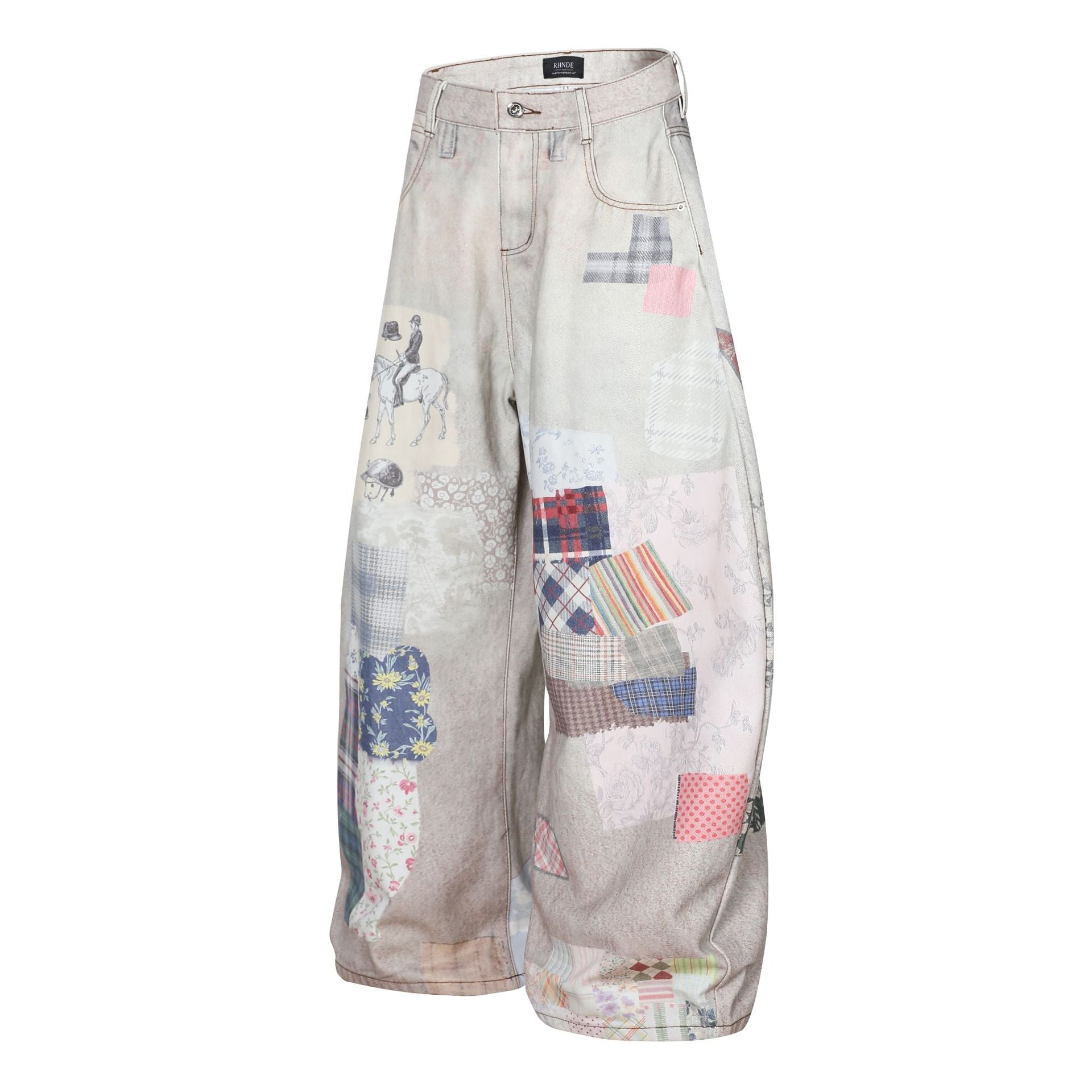 Collage Print Wide Leg Denim Jeans