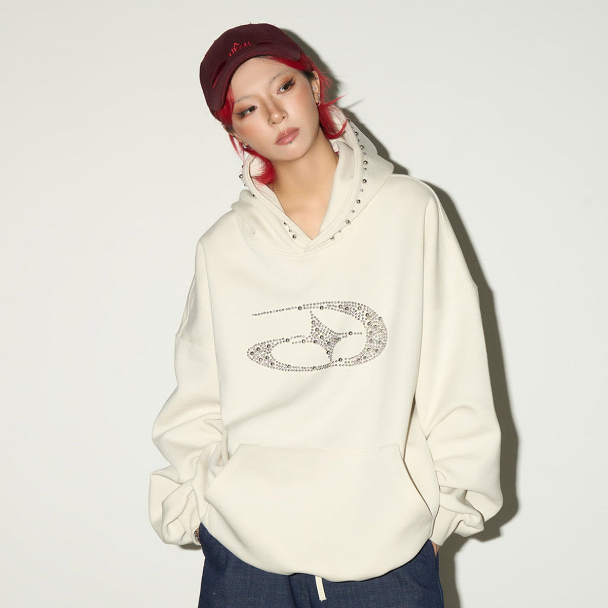 Studded Beaded Design Oversize Pullover Hoodie