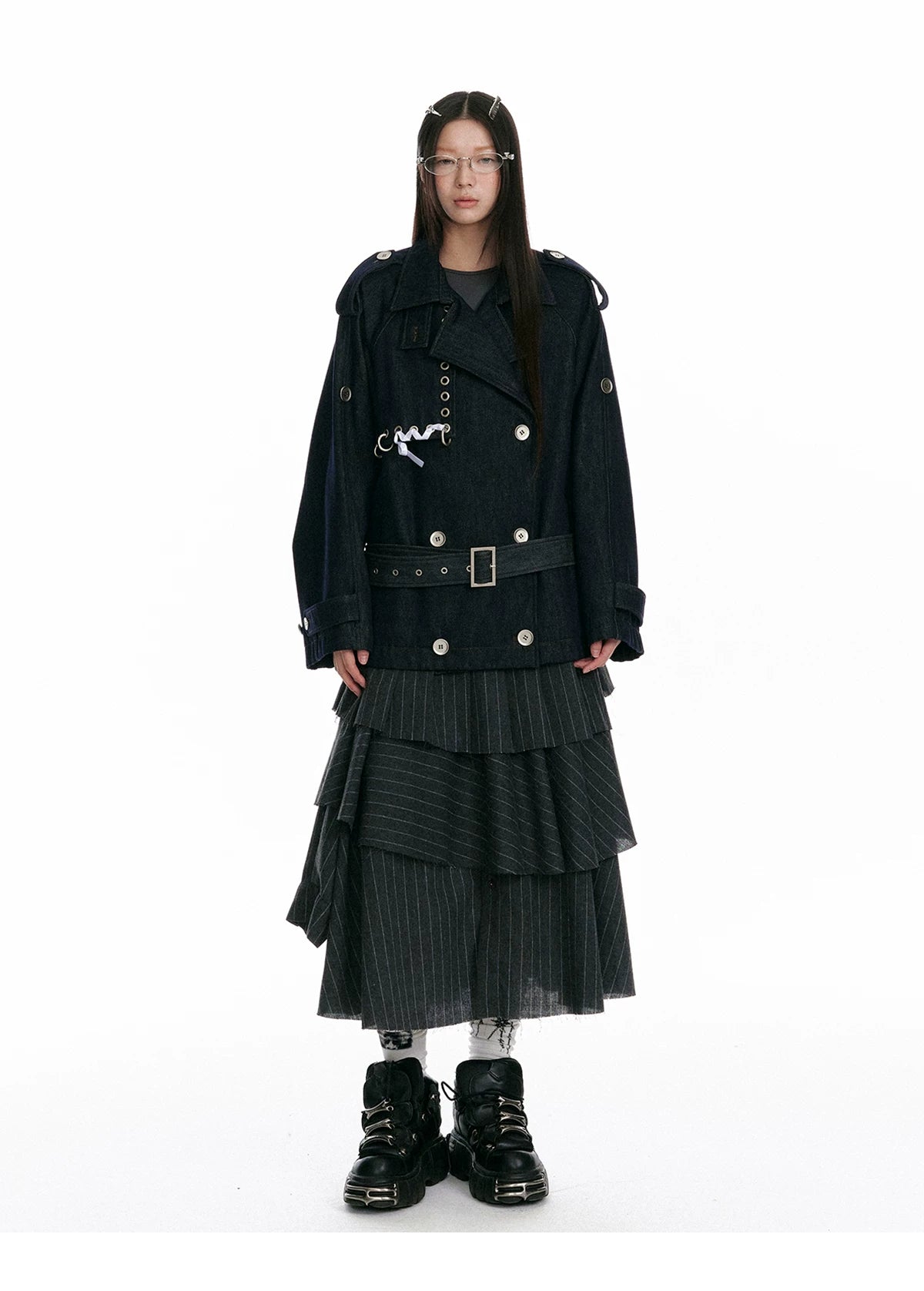 Textured Asymmetrical Striped Midi Ruffle Skirt