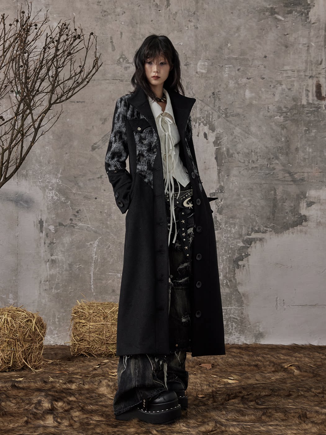 High-Neck Studs Patchwork Wool Coat
