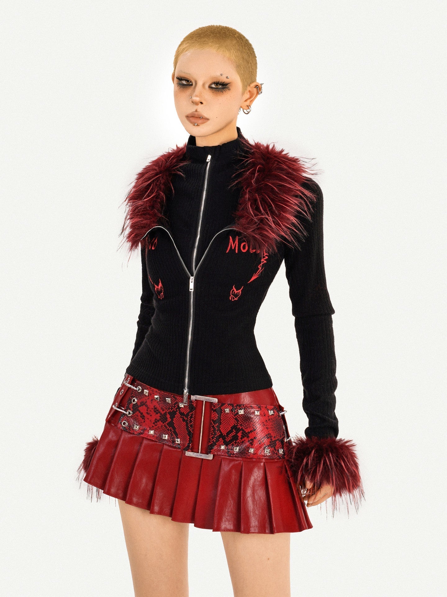 Fake Layered Double Zipper Flame Fake Fur Collar Knit Cardigan