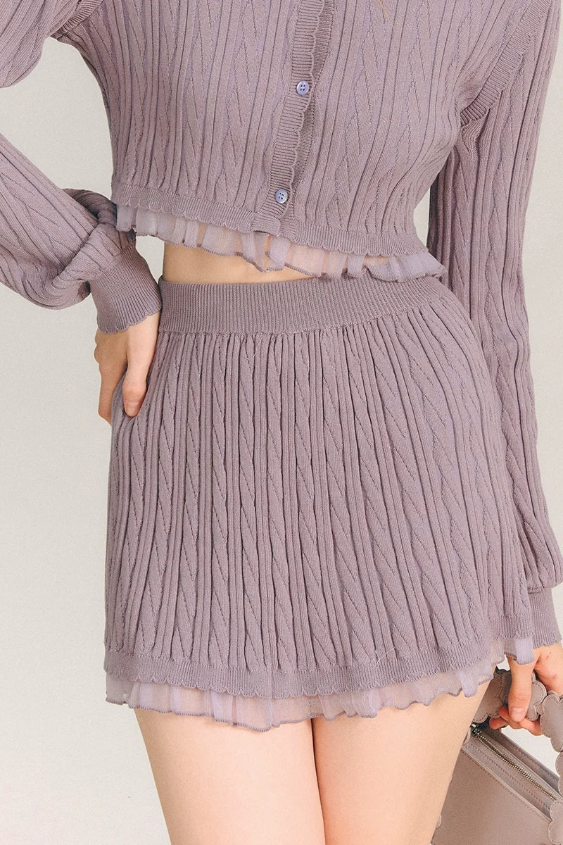 Tulip Button Knit Cardigan & Knit Short Skirt Setup