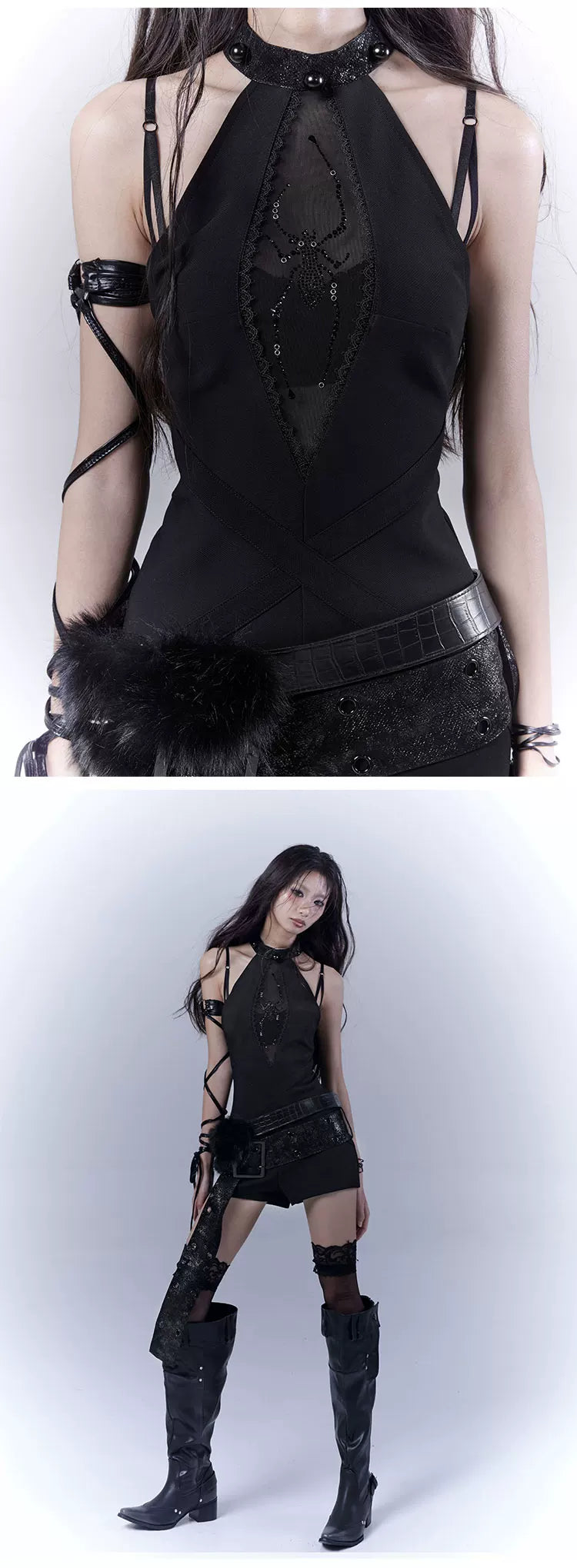 Design Rhinestone Pearl Detail Halter Neck Short Derss & Belt & Inner Camisole ＆ Set