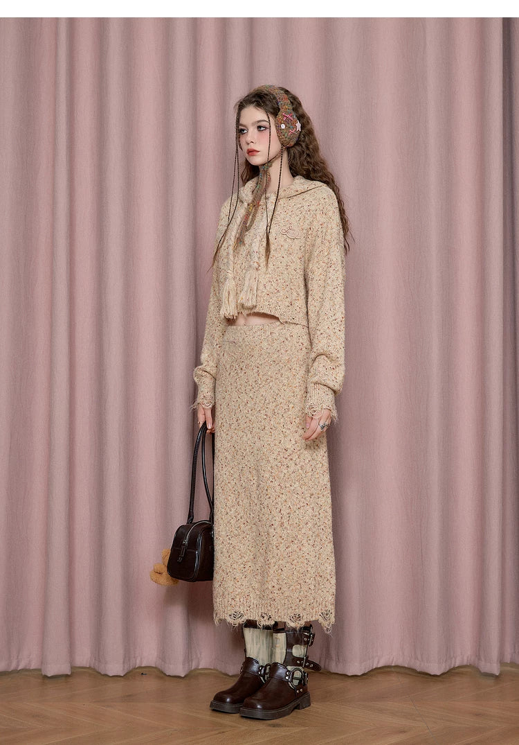 Textured Hooded Knit Sweater & Long Knit Skirt Setup