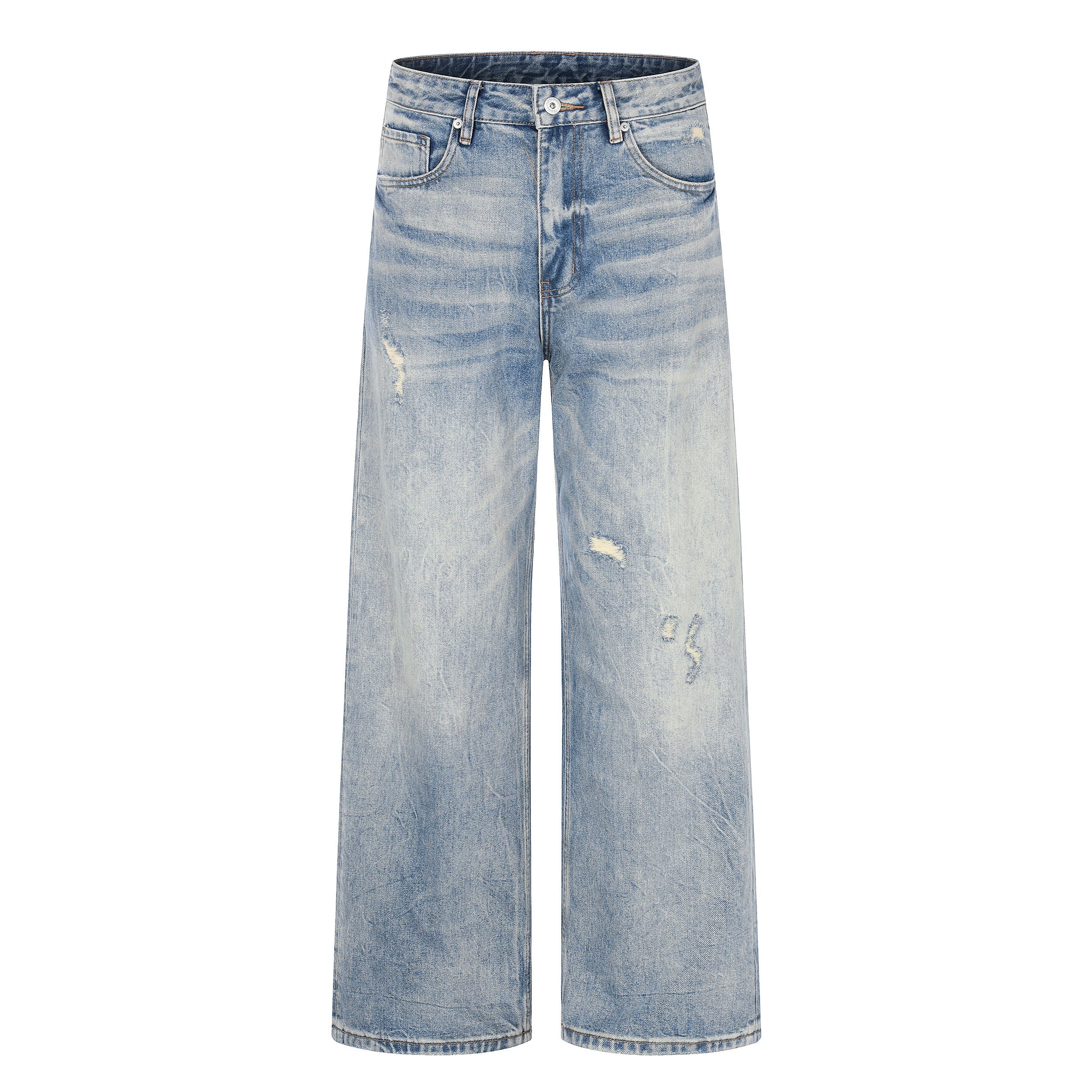 Wash Damage Straight Denim Jeans