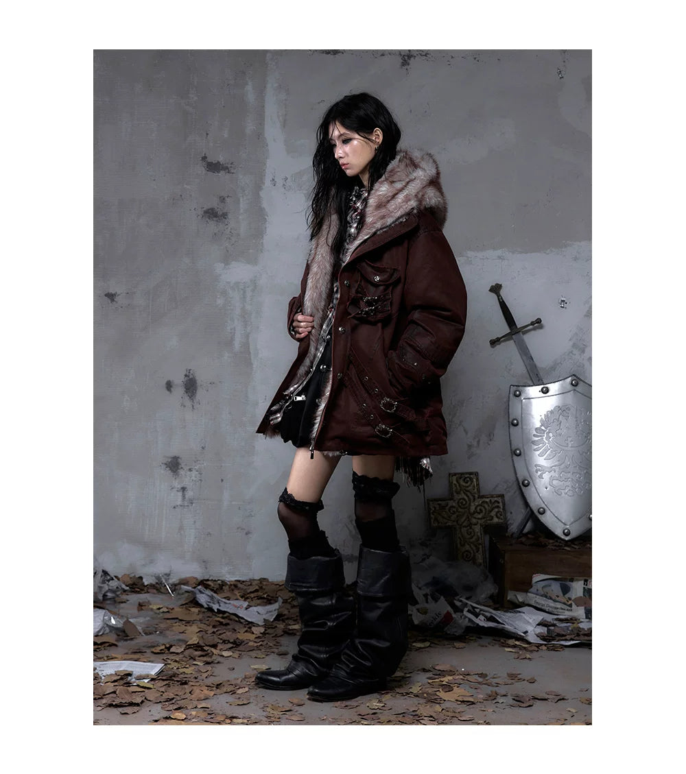 Fake Fur Hooded Multi-Pocket Buckle Detail Jacket