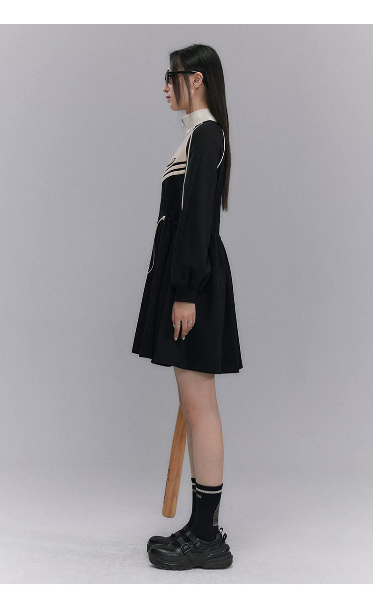 Embroidery Color Blocking Sporty Long Sleeve Jersey Dress