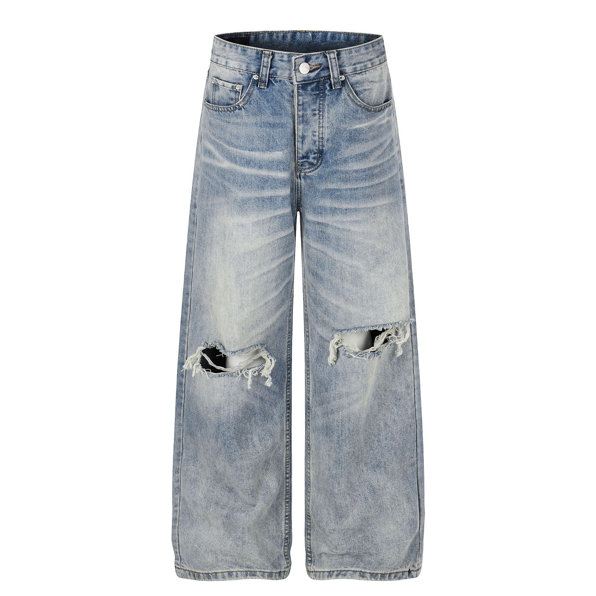 Washed Damage Whisker Wide Leg Denim Jeans