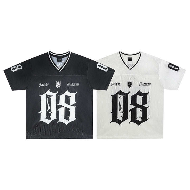 Satin Racing Print V-Neck Oversize Short Sleeve T-Shirt
