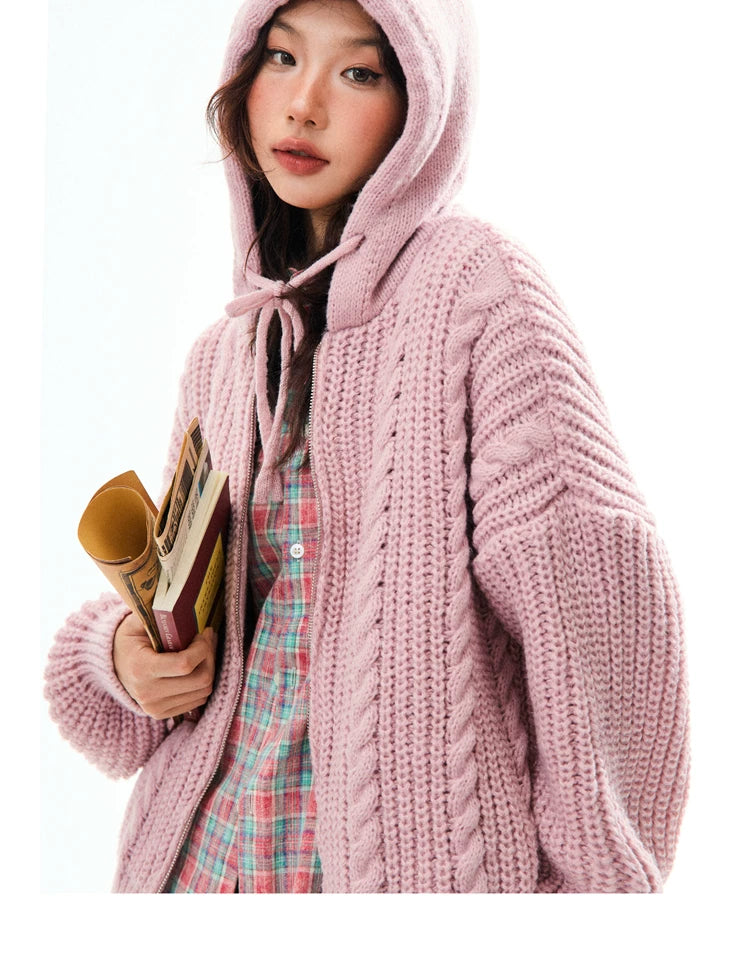 Chunky Knit Zipper Hooded Oversize Cardigan