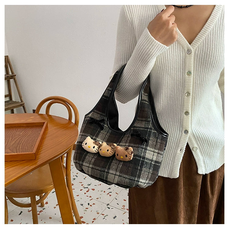 Vintage Karo Tragetasche mit Hello Kitty Trio - Soft Girl Ästhetische Handtasche