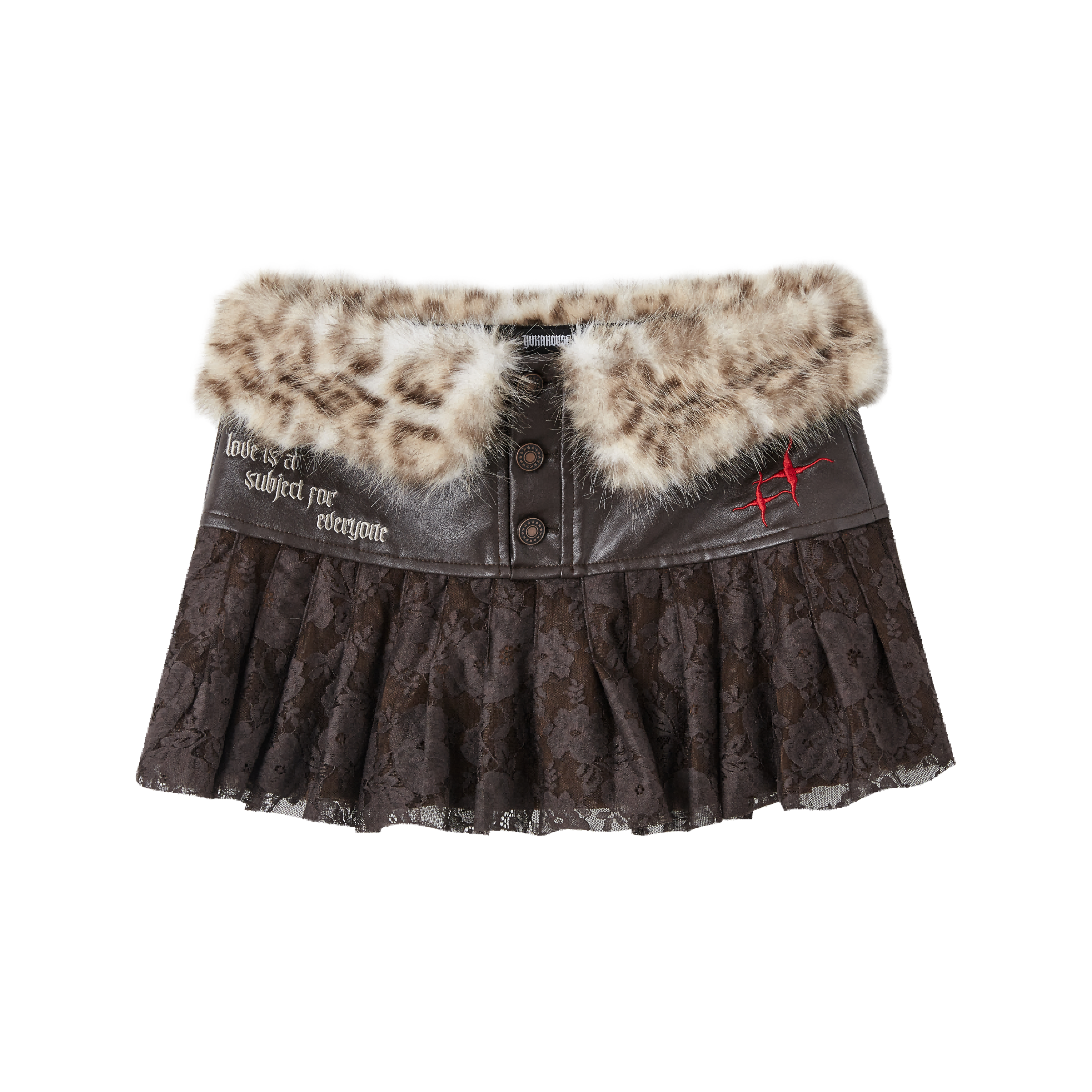 Fake Fur Panel Lace Pleats Short Skirt