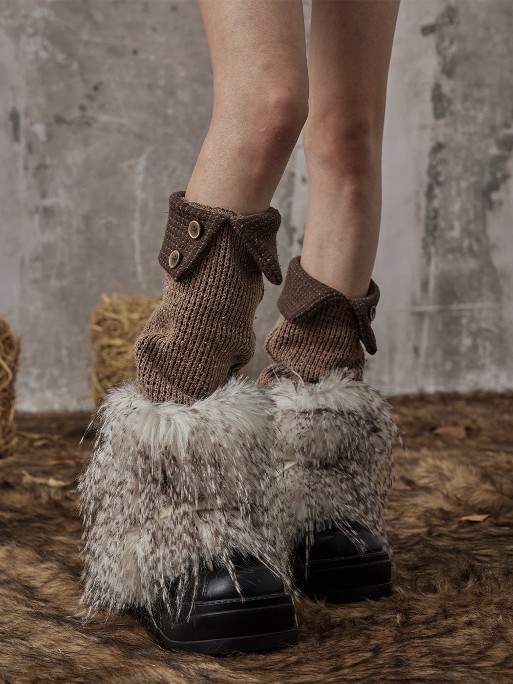 Patchwork Knit Button Fuzzy Leg Warmers