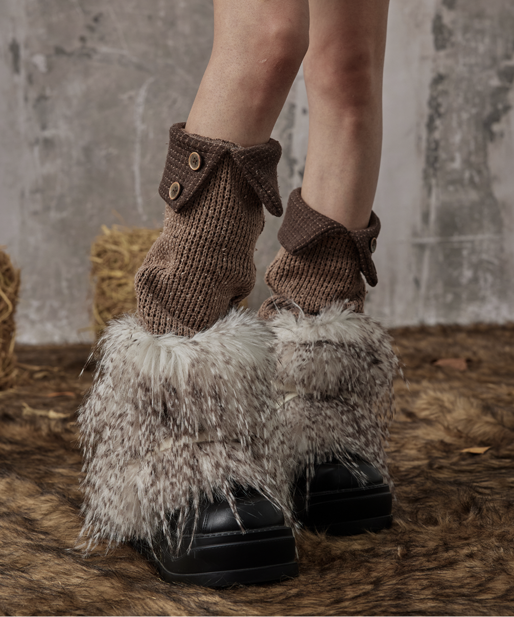 Patchwork Knit Button Fuzzy Leg Warmers
