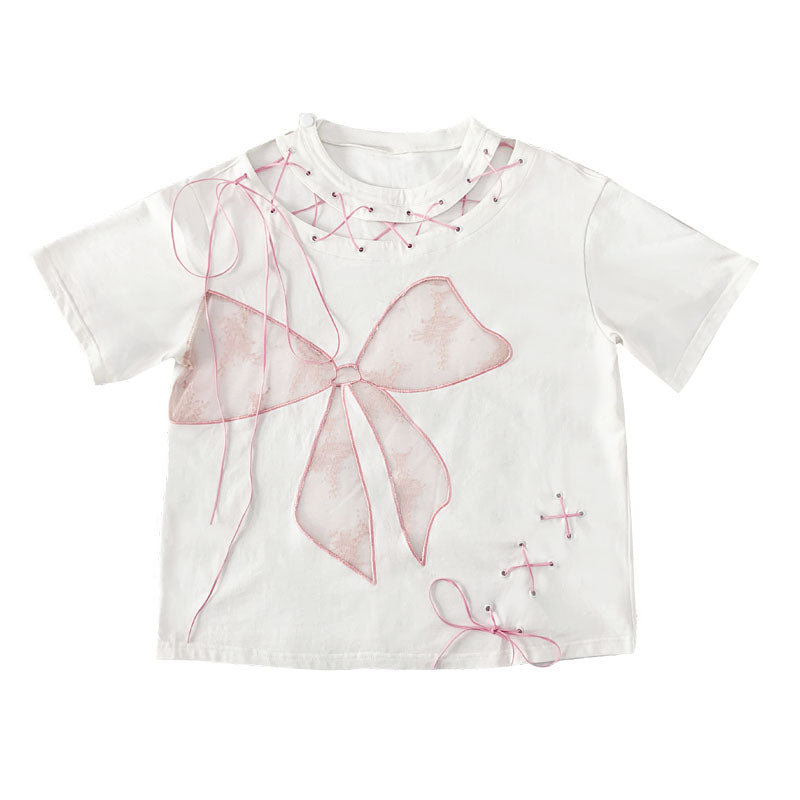 Lace Bow Hollow-Out Tie-Strap Short Sleeve T-Shirt