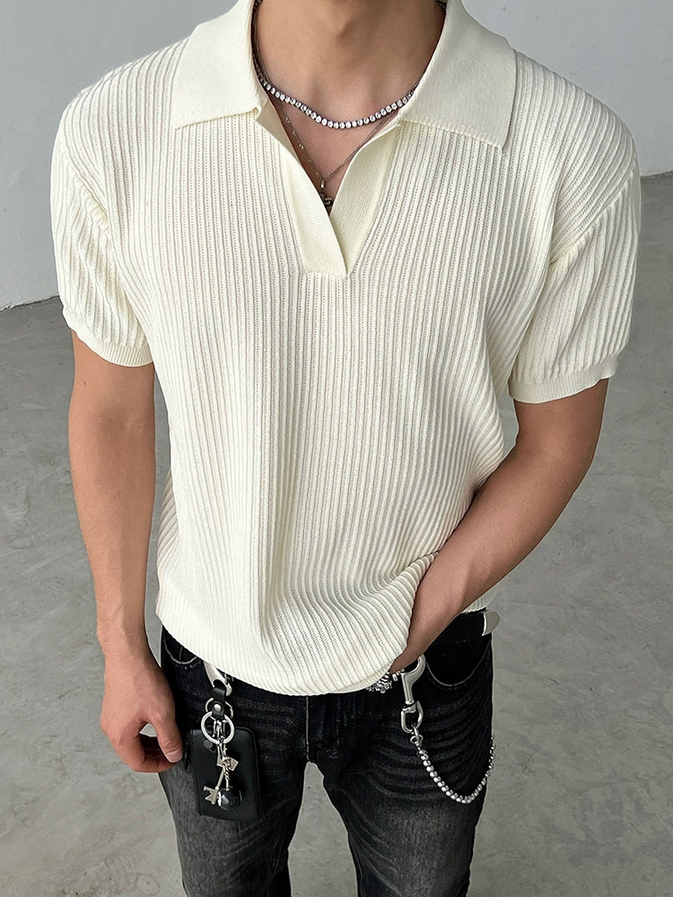 Striped Textured Summer Knit Short Sleeve Polo Shirt