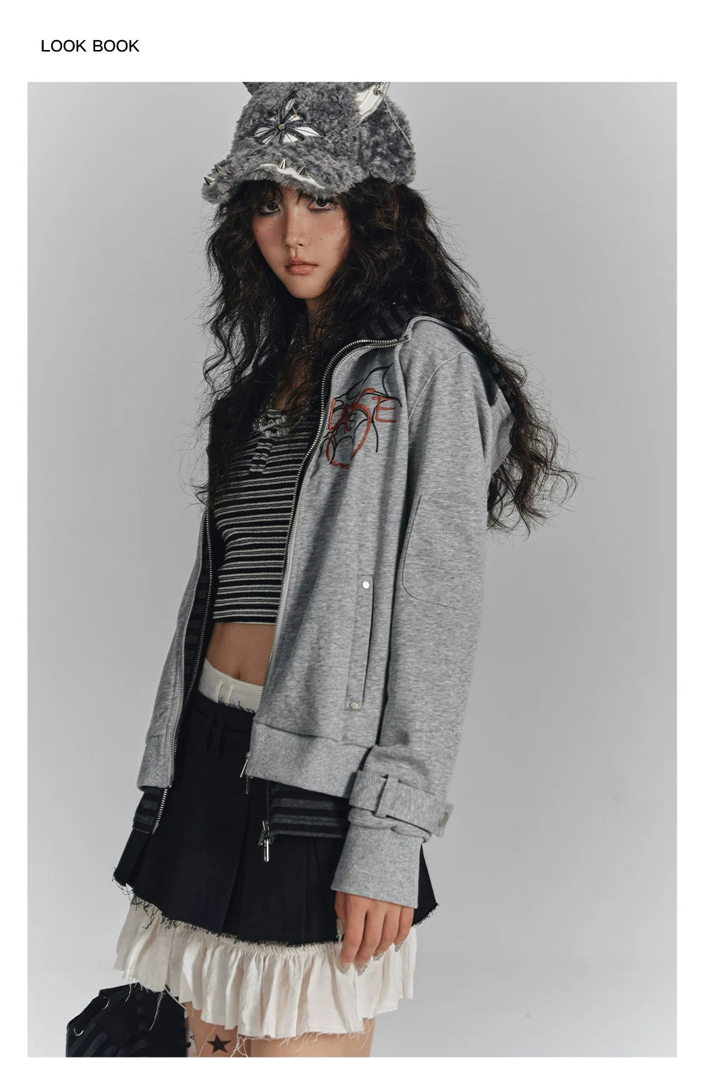 Embroidery Fake Layered Double Zipper Hoodie