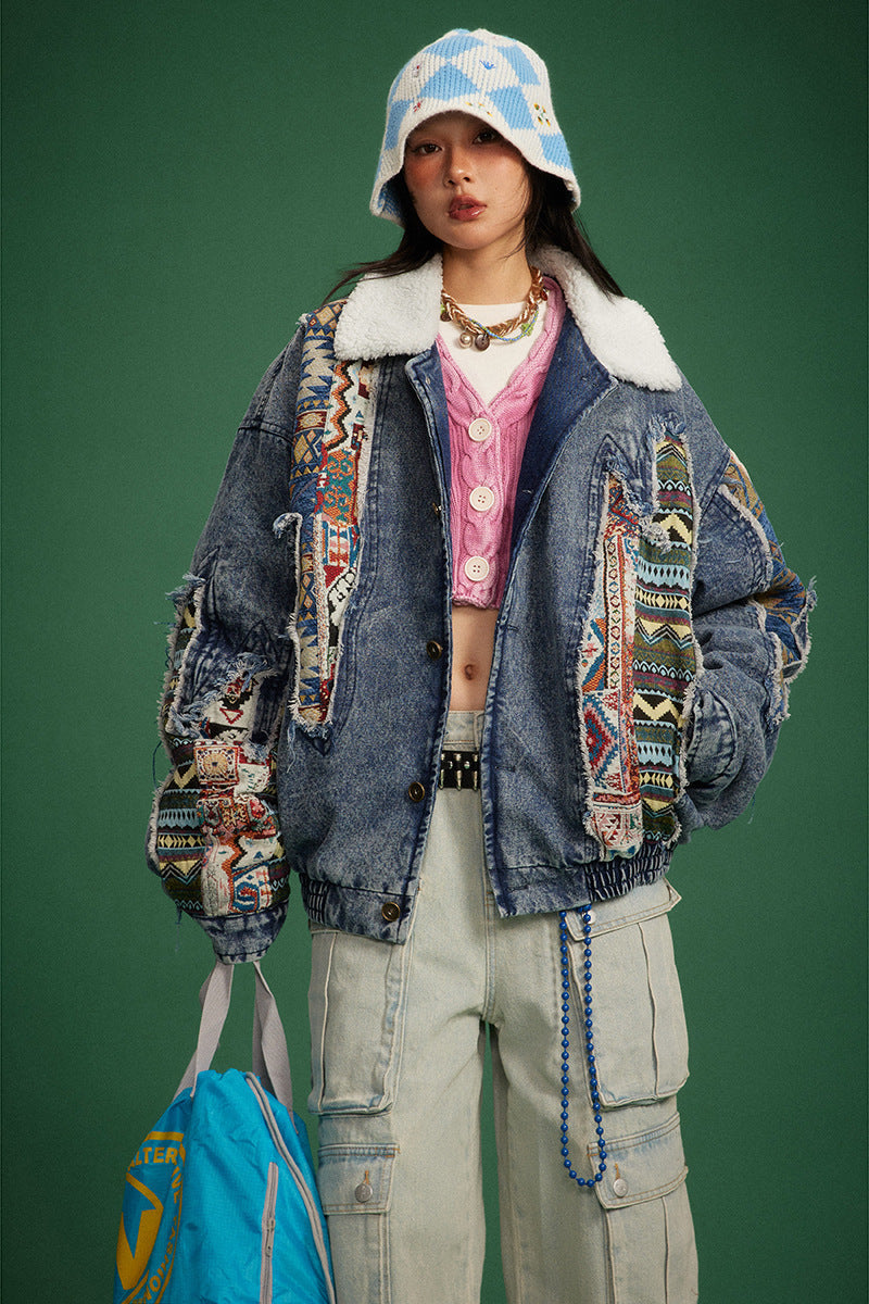 Chaqueta acolchada vaquera de patchwork deconstruida