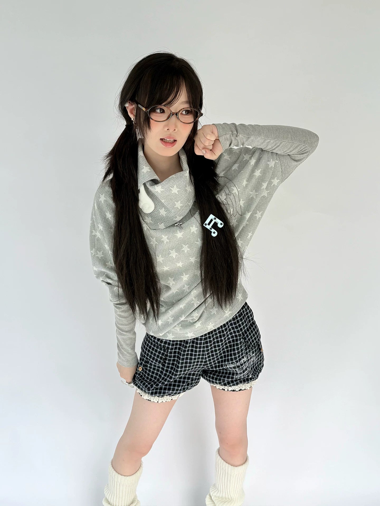 Star Print Asymmetrical High-Neck Long Sleeve T-Shirt