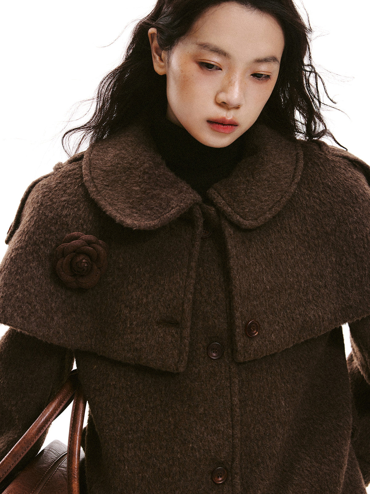 Cape Collar & Flower Detail Belted Coat
