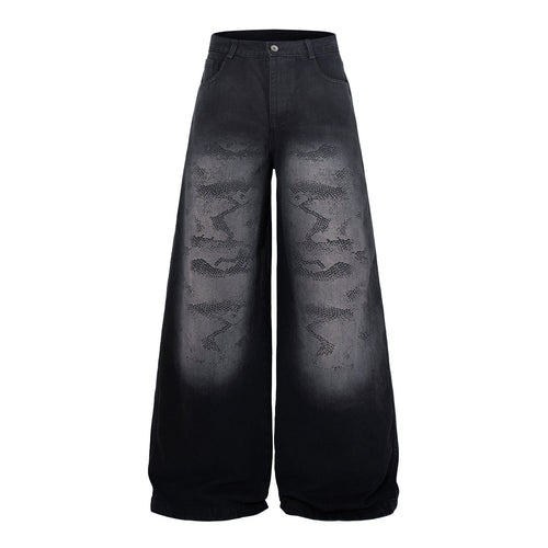 Washed Tribal Fade Wide Leg Denim Jeans - Black / M