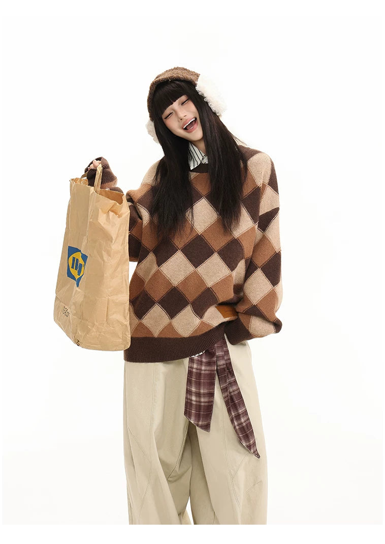 Heavyweight Diamond Pattern Oversize Hooded Knit Cardigan & Knit Sweater