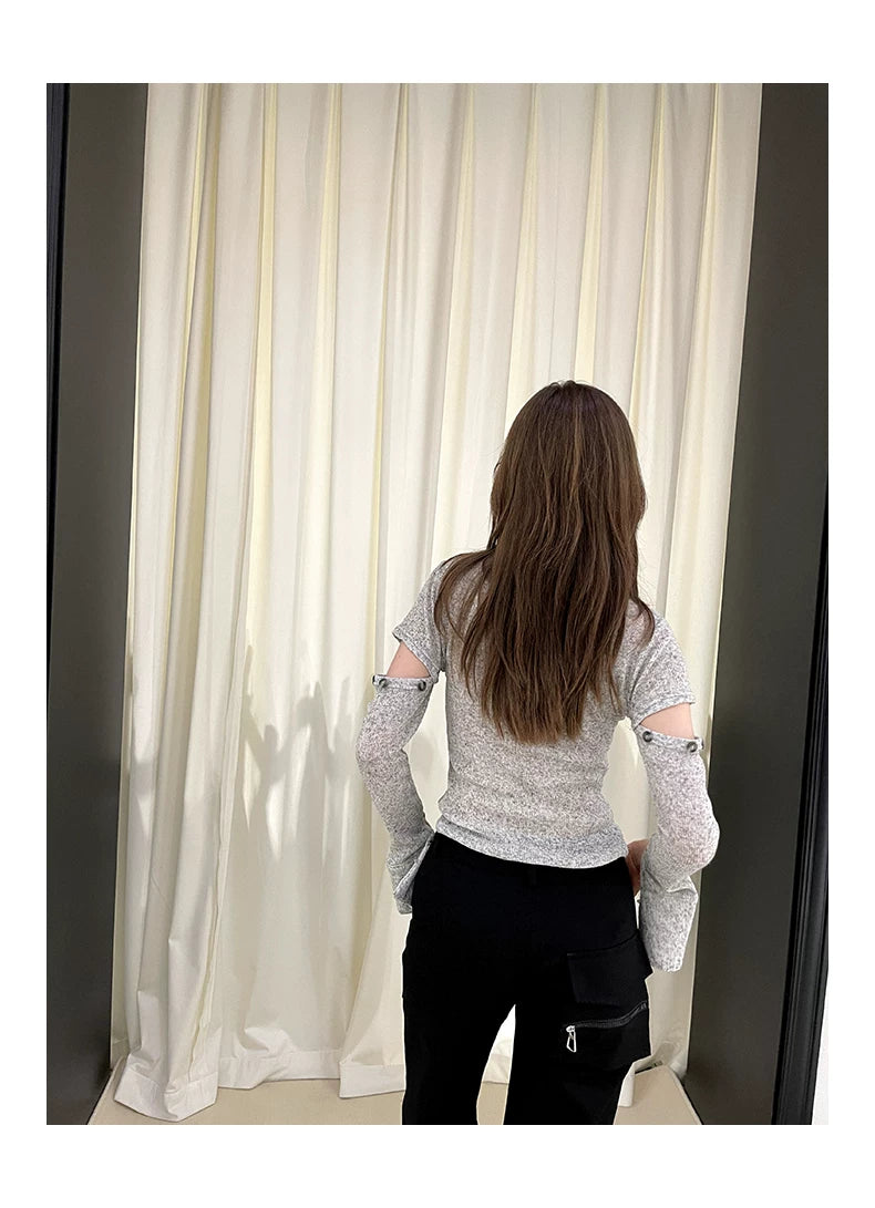 Sheer Detachable Sleeve Polo Knit Cardigan