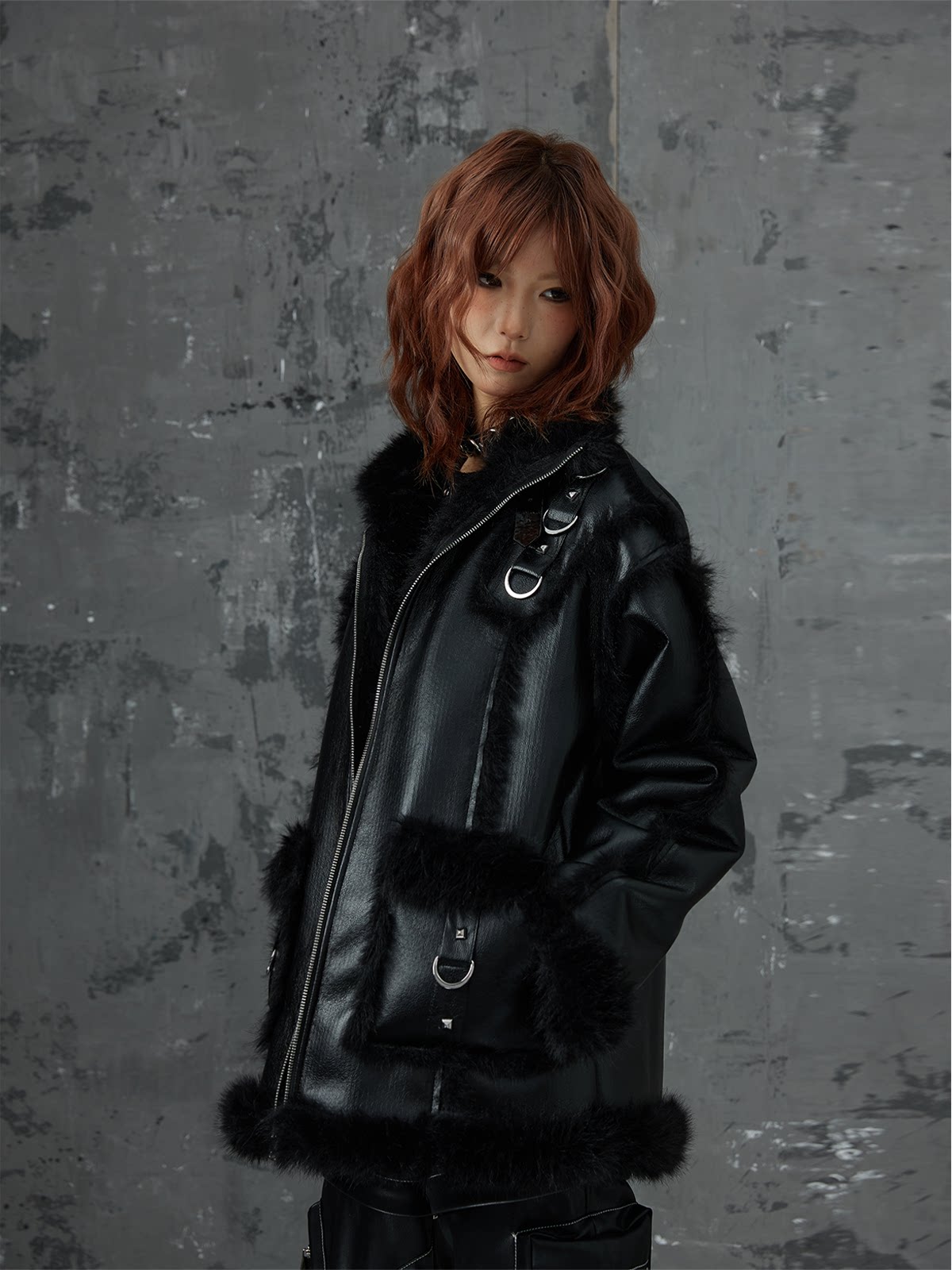Punk Oversize Metal-Accent Shearling Jacket