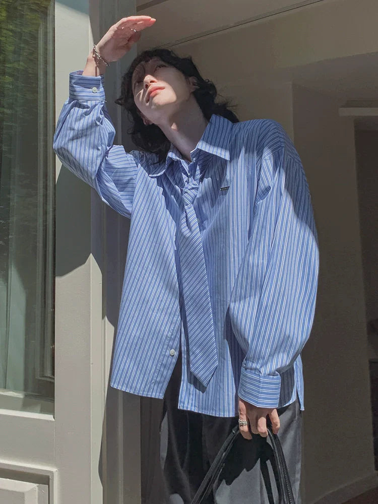 With Tie Striped Oversize Long Sleeve Shirt