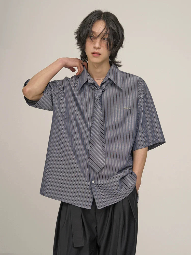 Striped Design Short Sleeve Shirt & Tie