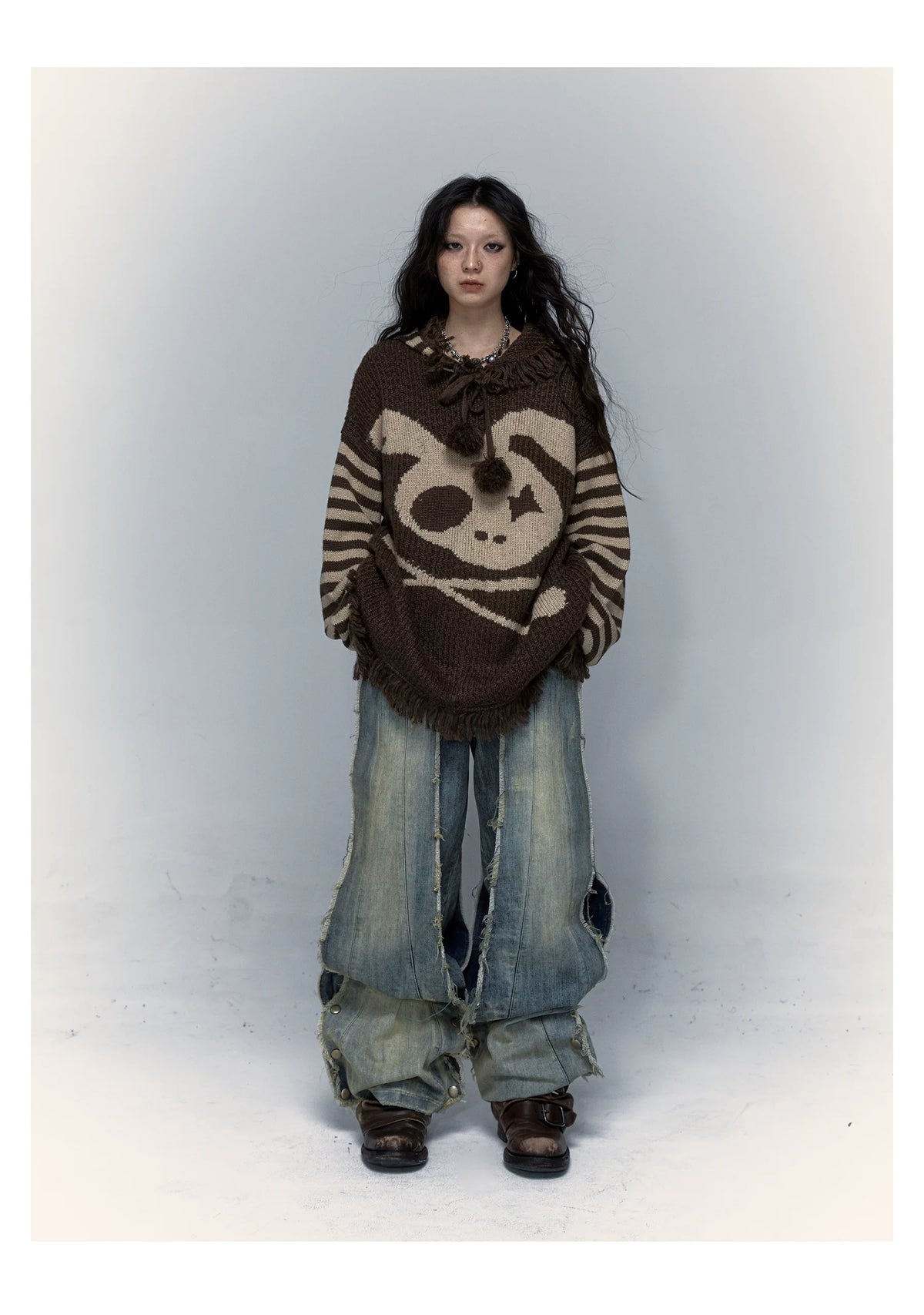 Skull Print Stripe Oversize Knit Hoodie