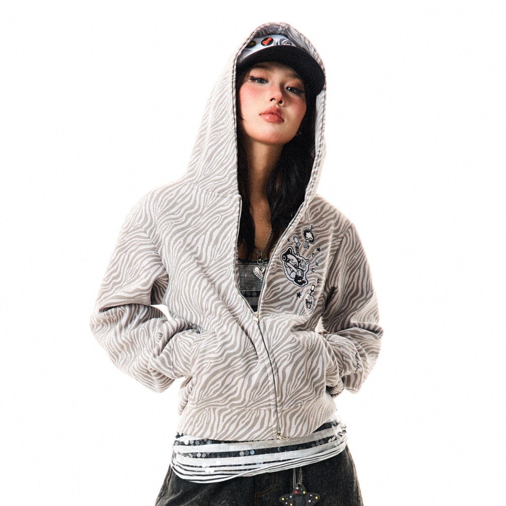 Zebra Print Graphic Zip-Up Hoodie
