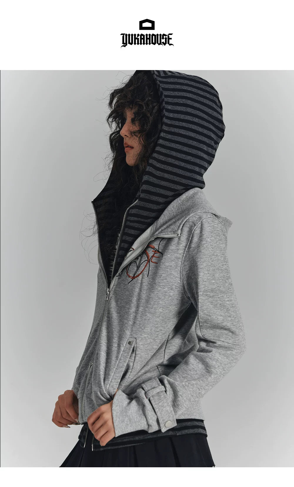 Embroidery Fake Layered Double Zipper Hoodie