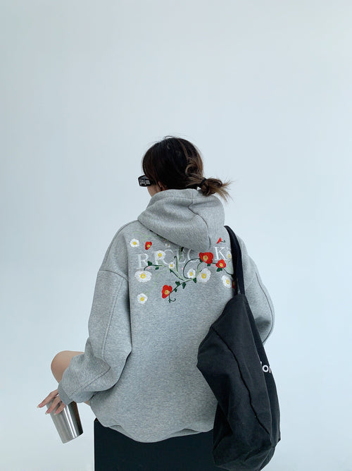 Sweat à capuche oversize brodé de fleurs - Gris / M
