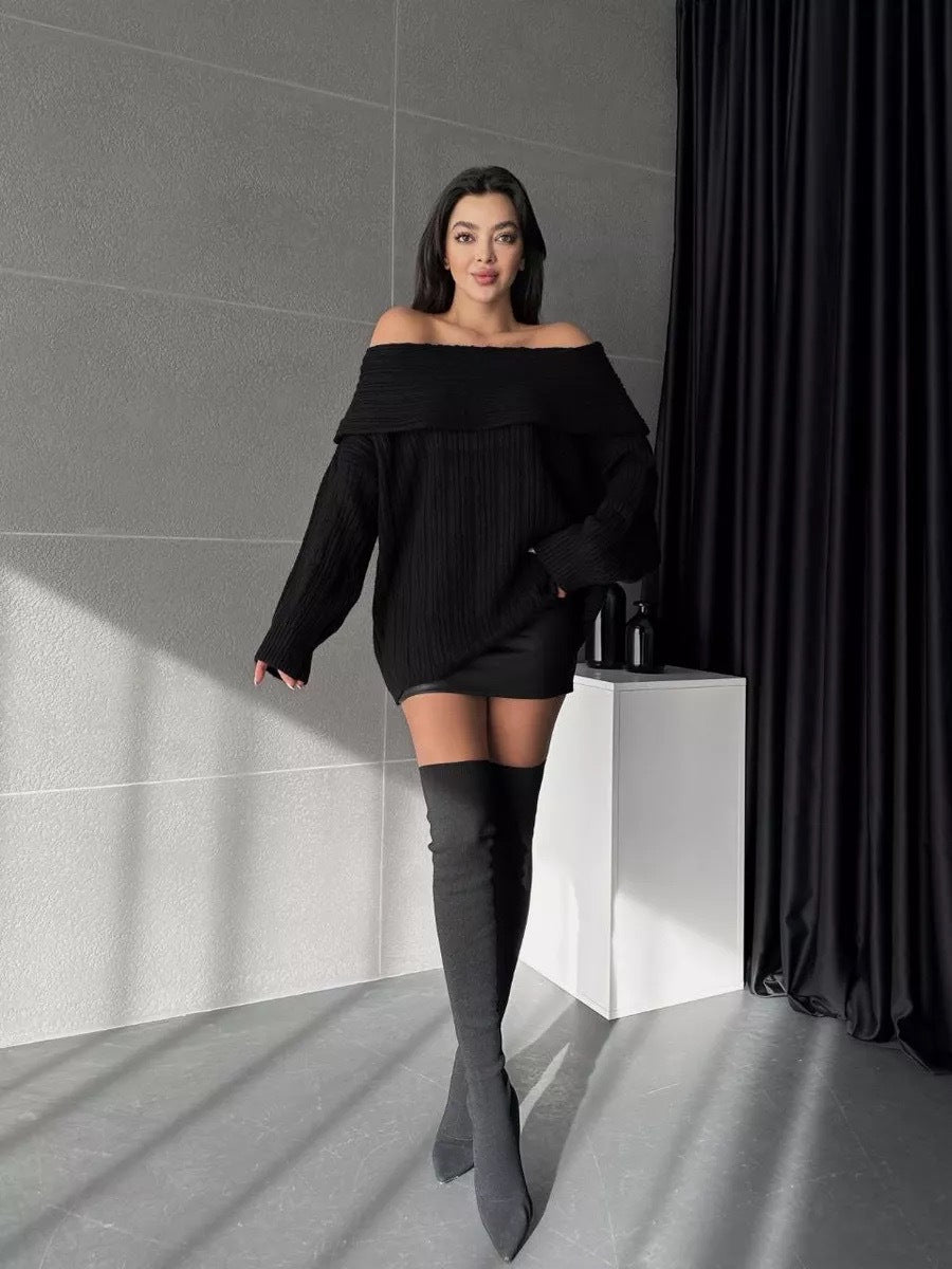 One-line neck off-the-shoulder knitted sweater