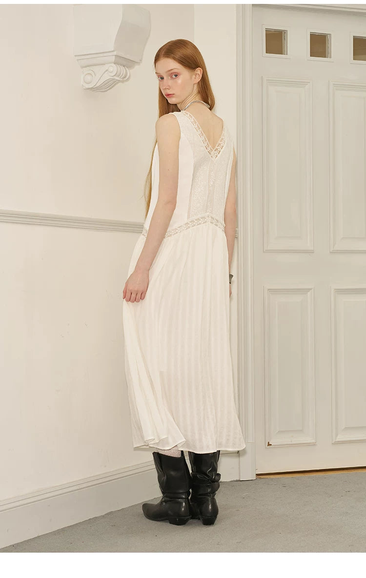 V-Neck Lace Stripe Splicing Sleeveless Long Dress