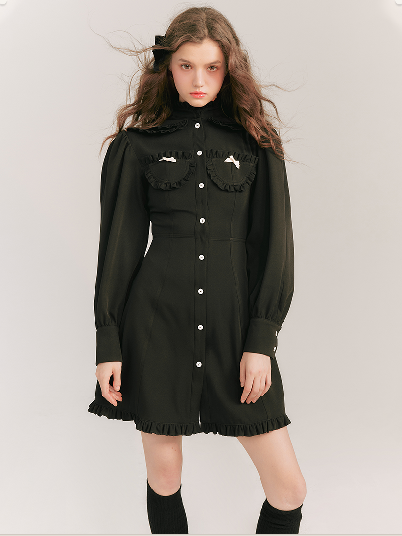 Double Neck Long Sleeve Shirt Dress