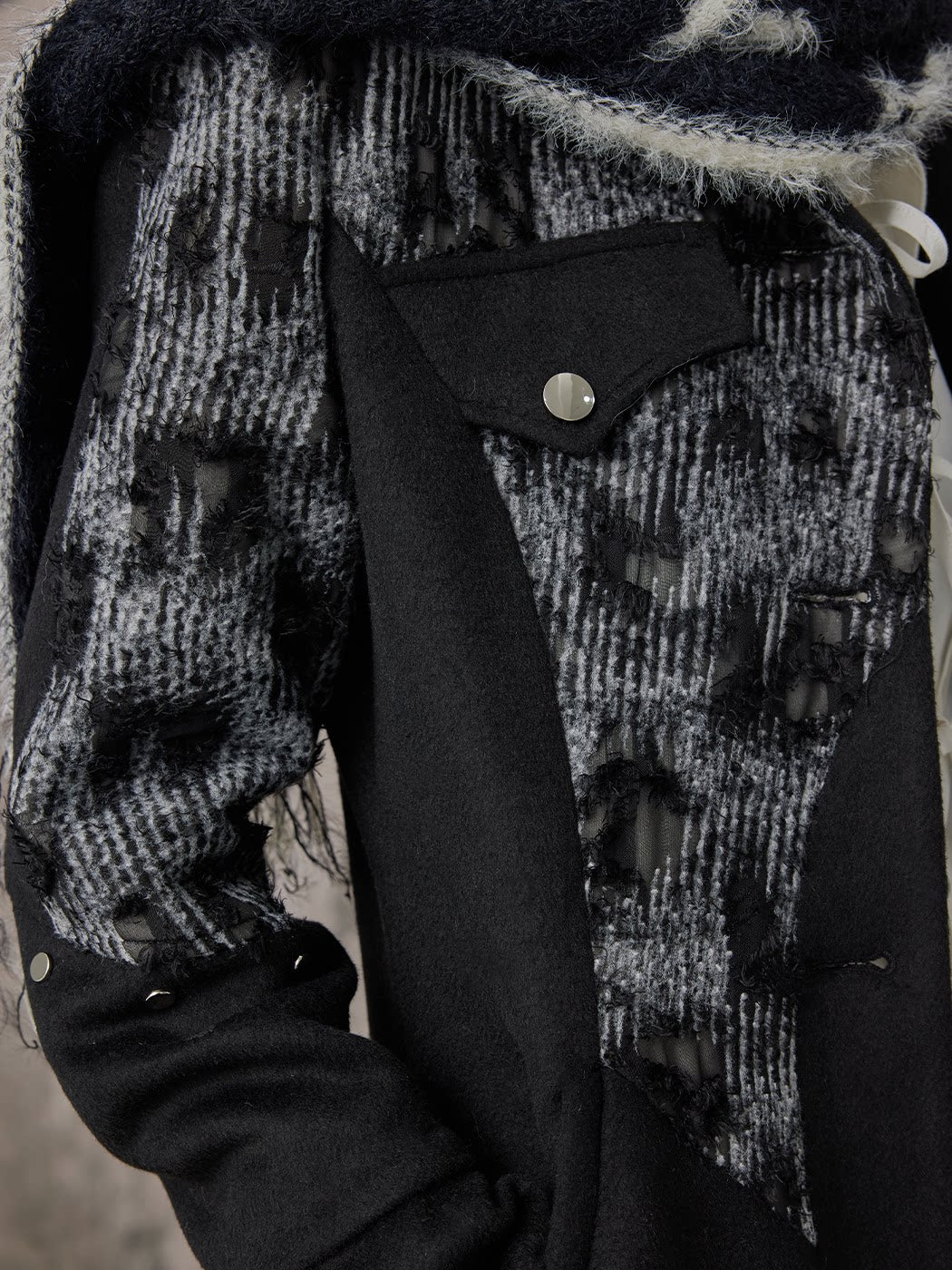 High-Neck Studs Patchwork Wool Coat