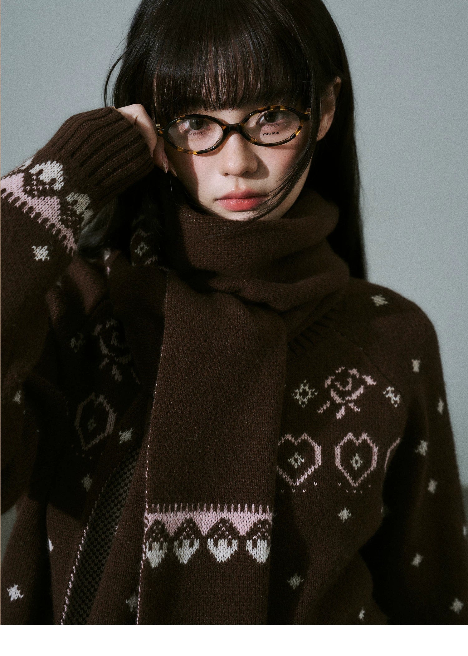 Fair Isle Pattern Wool Blend Scarf Knit Cardigan