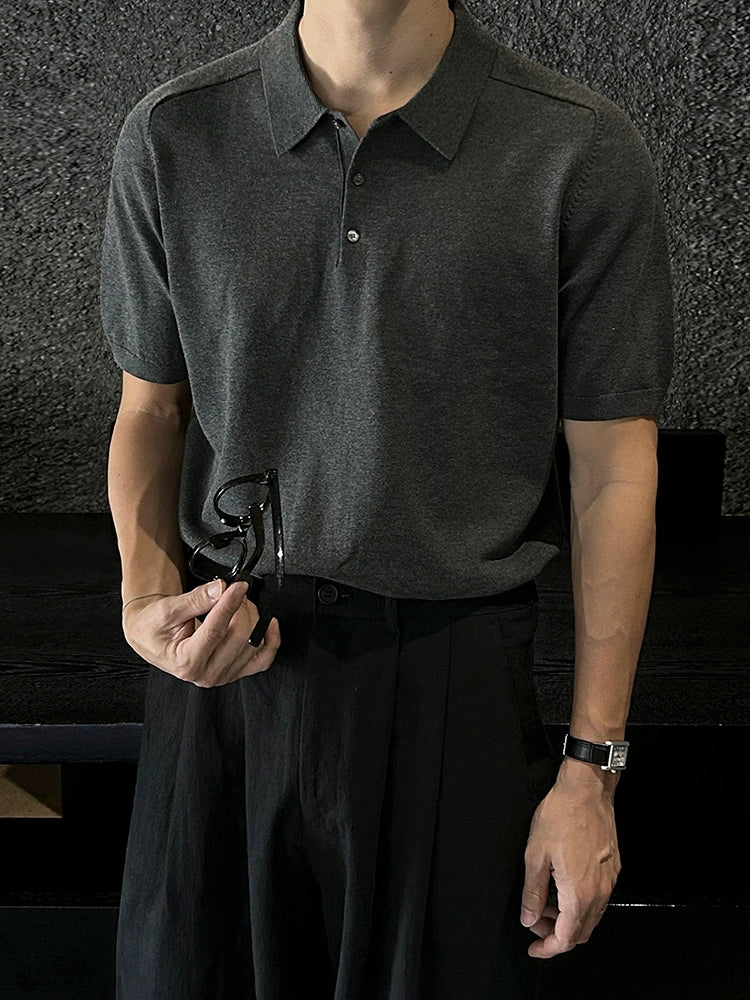Solid Collar Knit Short Sleeve Polo Shirt