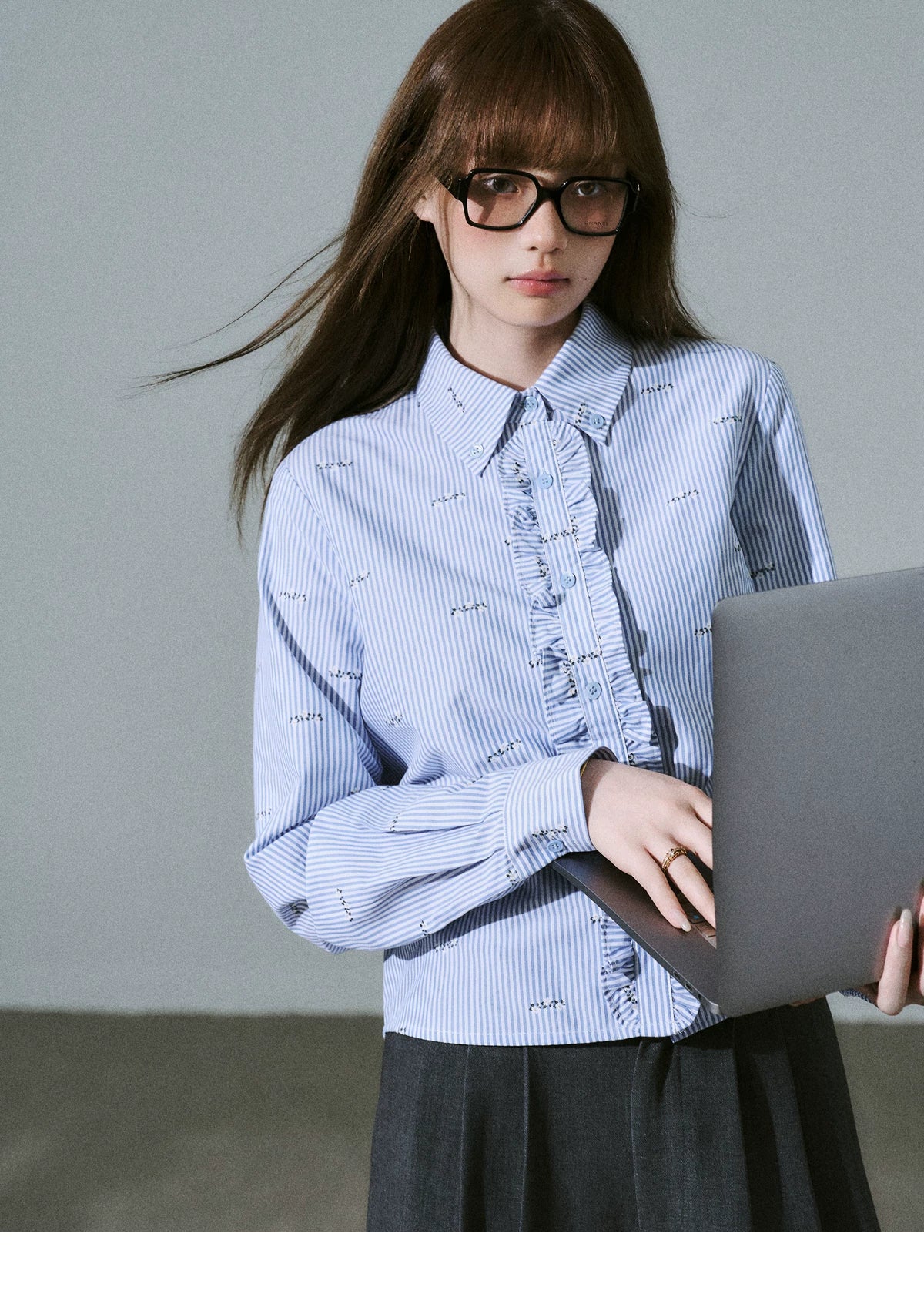 Ruffle Placket Striped Button-Up Long Sleeve Shirt