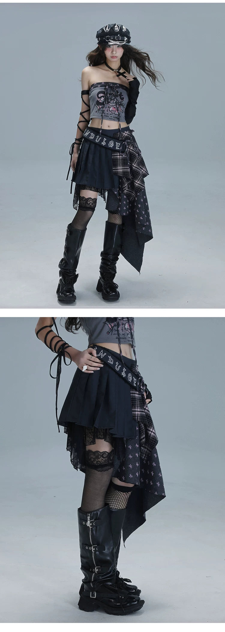 Plaid Patchwork Asymmetric Embroidery Skirt