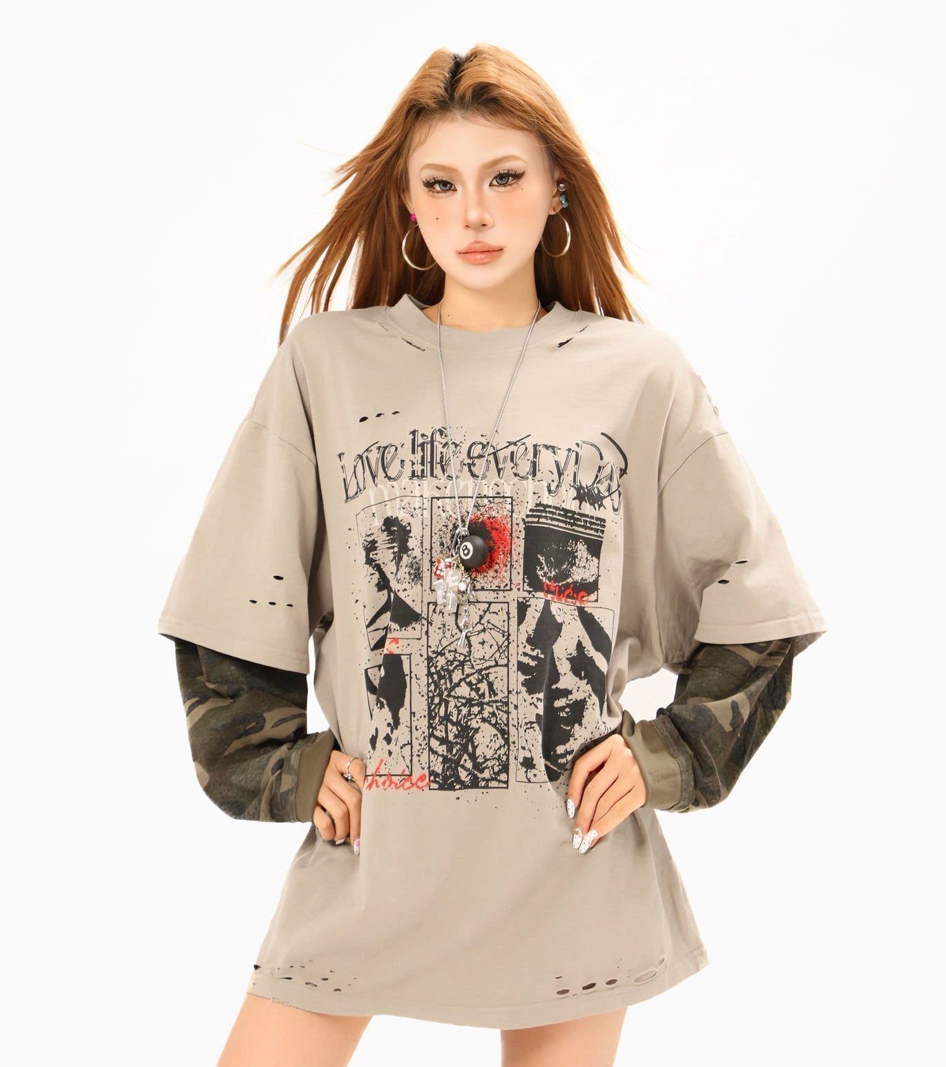 Fake Layered Camo Damage Print Long Sleeve T-Shirt