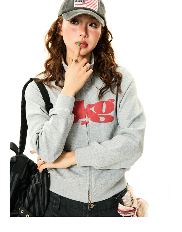 Letter Print Fitted Zipper Hoodie