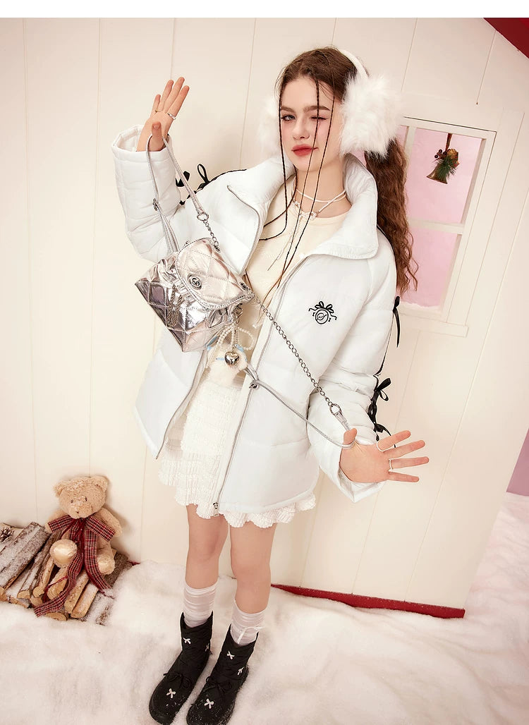 Embroidery Lace Patchwork High-Neck Oversize Puffer Jacket