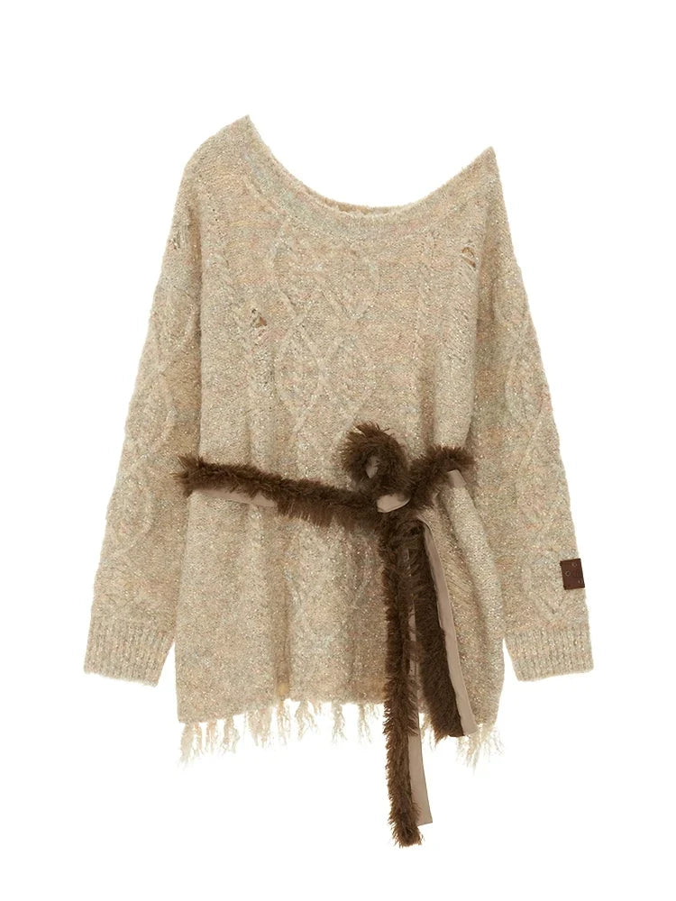 Wool Blend Tassel Knit Sweater & Waist Belt