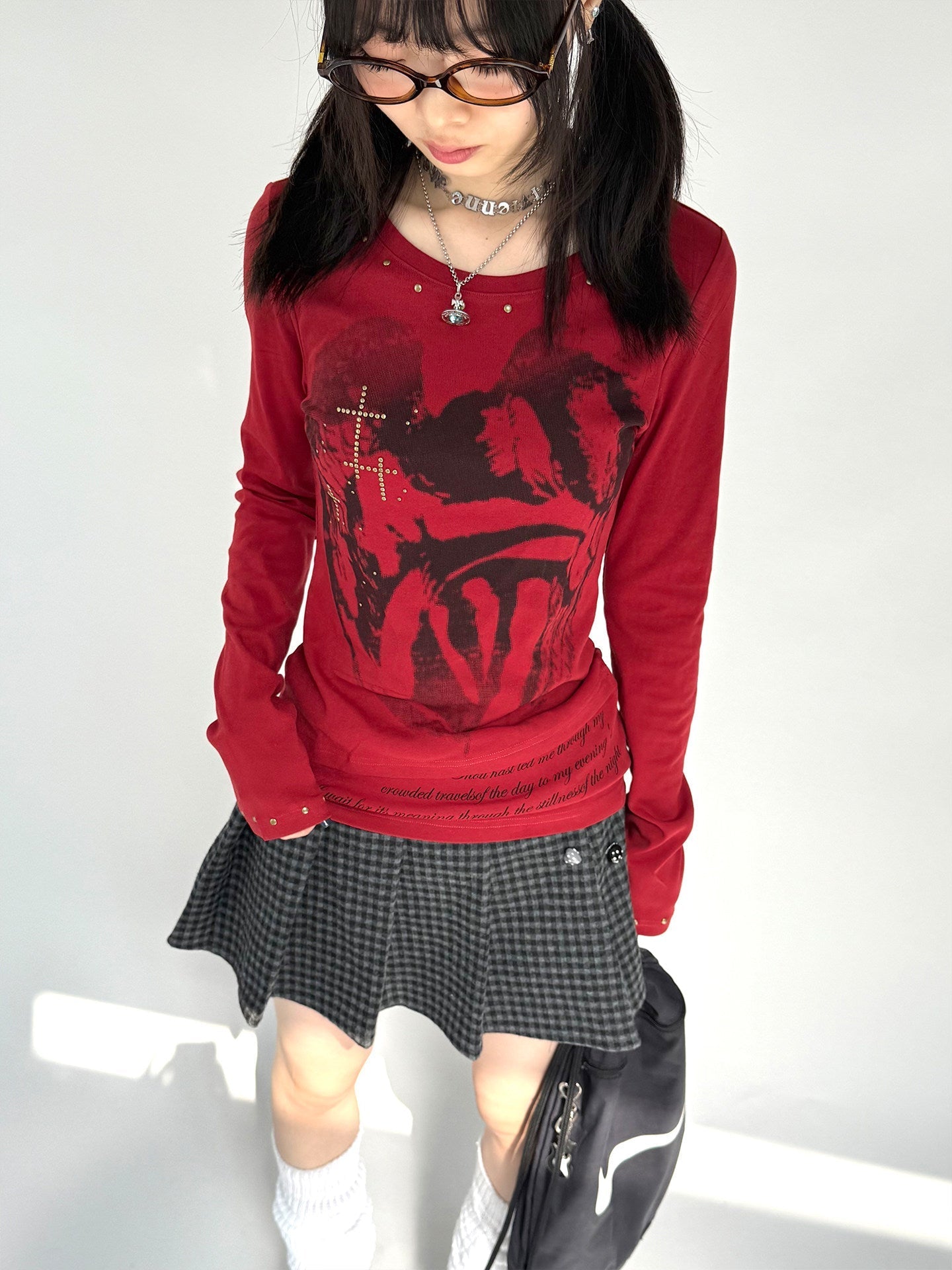 Cross Print Rivet Long Sleeve T-Shirt