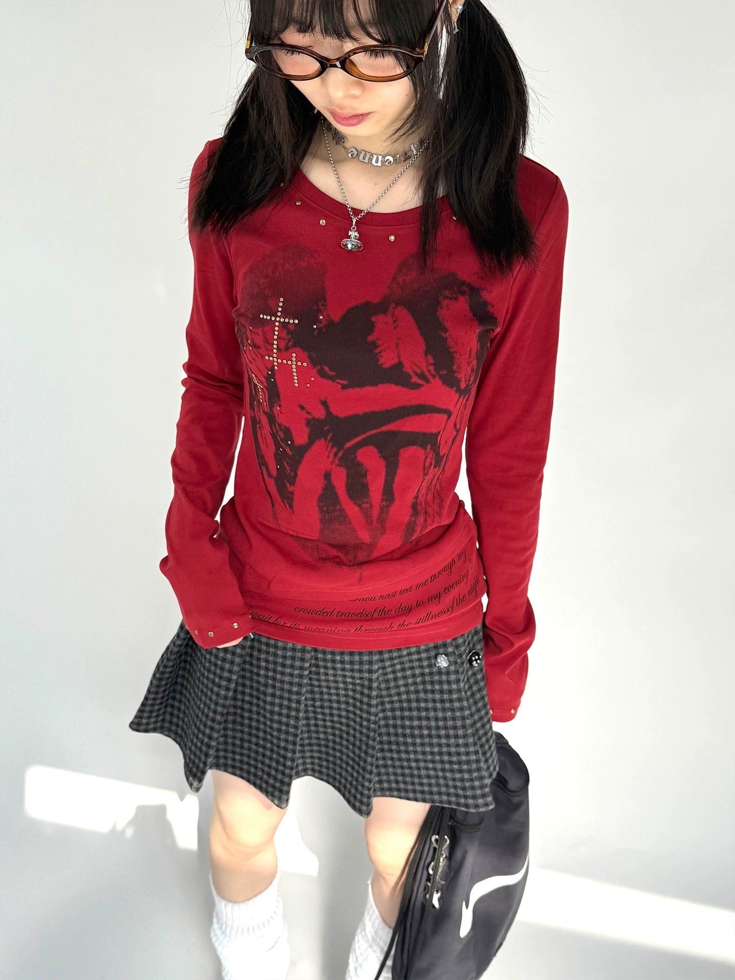 Cross Print Rivet Long Sleeve T-Shirt